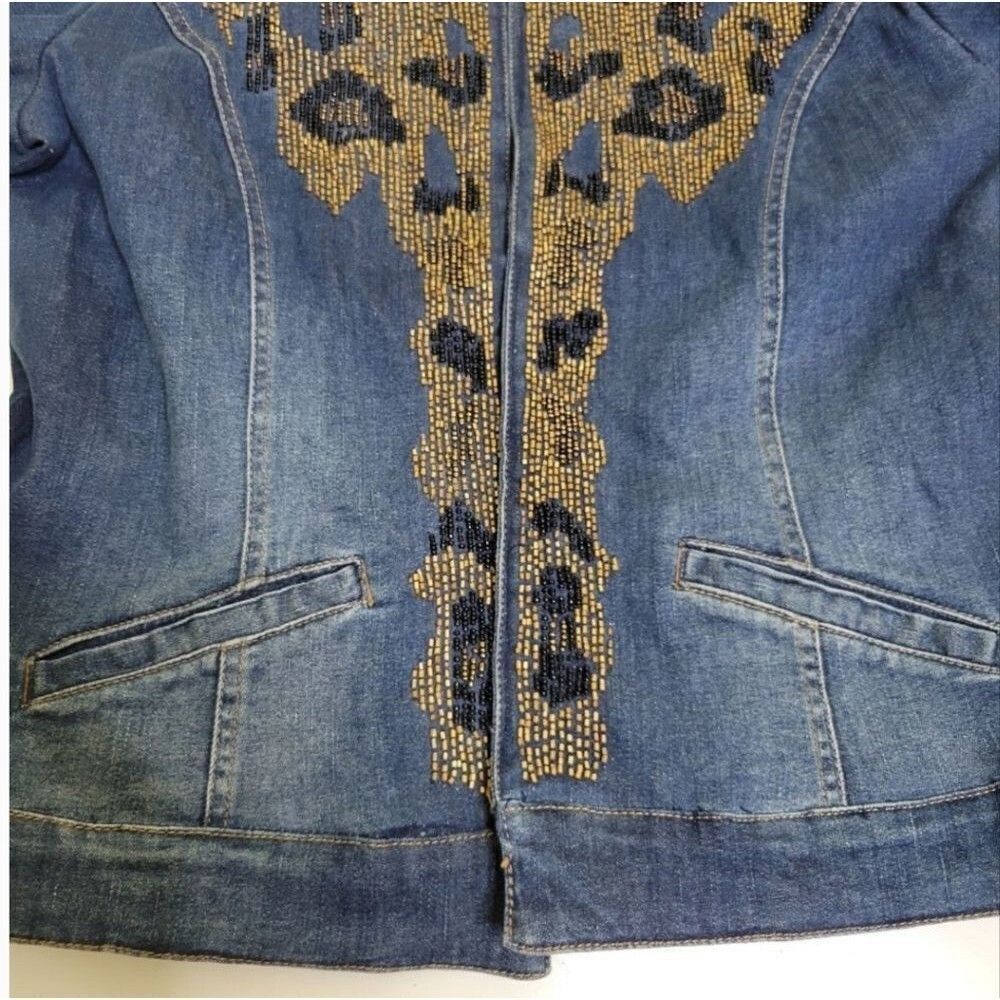 CHICO'S BEADED LEOPARD EMBELLISHED STRETCH DENIM JACKET BLUE BROWN TAN 1 medium - Picture 7 of 9